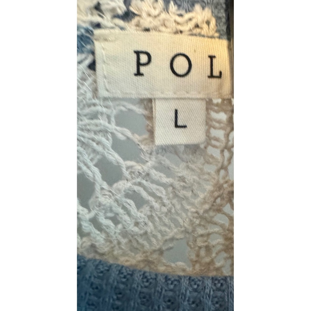 POL Blue Waffle Knit‎ Top with Cream Crochet Lace Trim Boho Long Sleeve Large - Picture 2 of 5